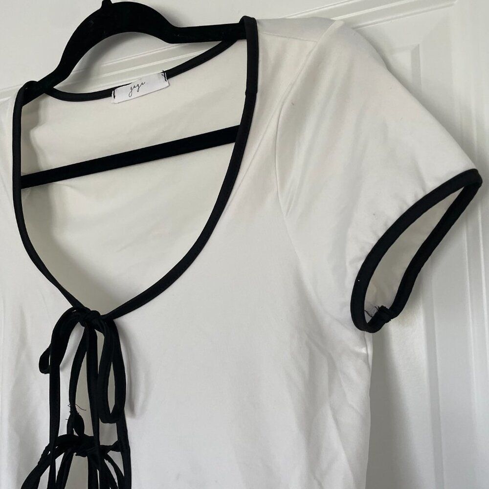 Gaze Crop Top Women L Black White Striped Double Tie Front Blouse Long Sleeve - Picture 5 of 8